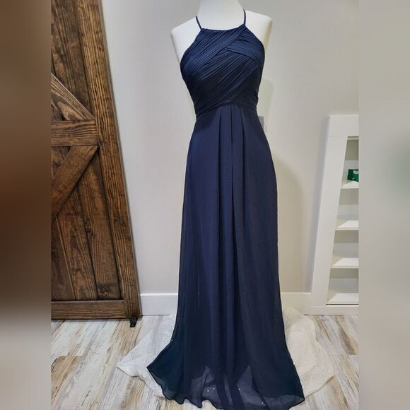 Levkoff 7001 Halter Neck Chiffon A-Line Gown in Navy NWT size 2 - Picture 3 of 5